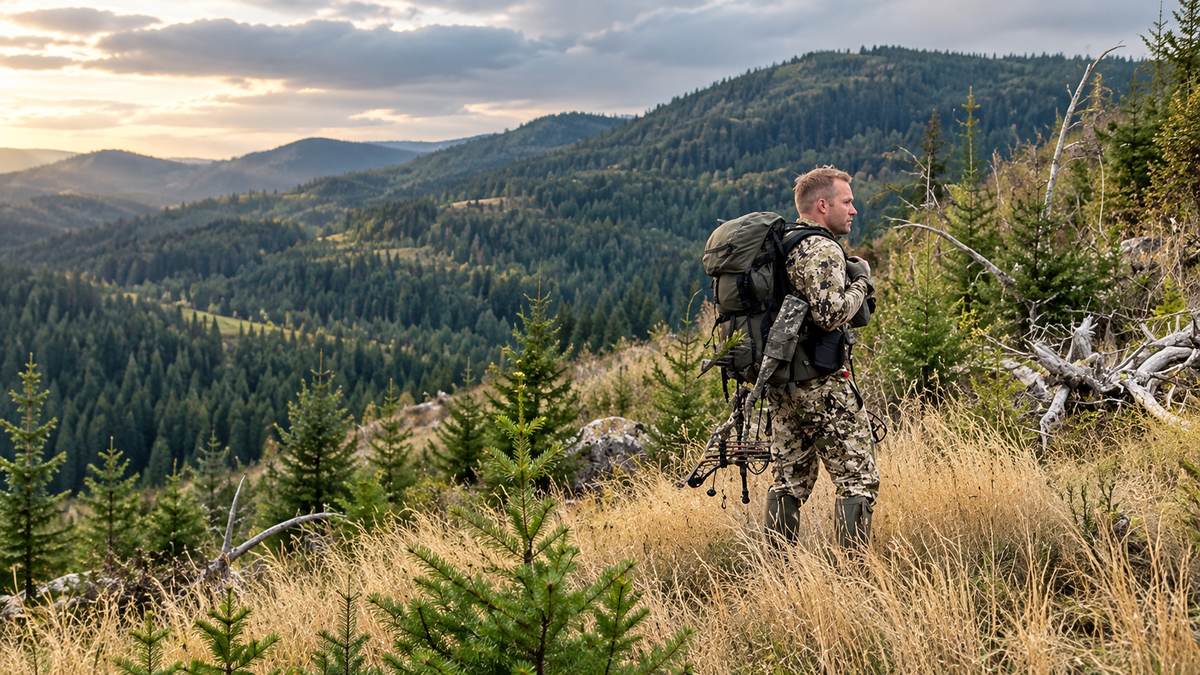 Hunter carrying a backpack across a grassy mountain hillside