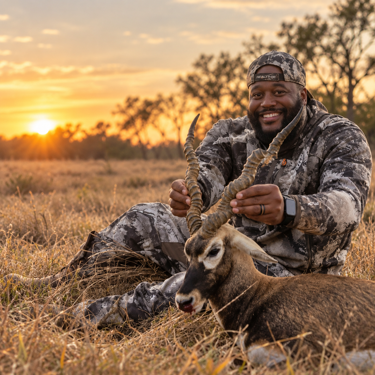 Hunter seated outdoors with a deer at sunset