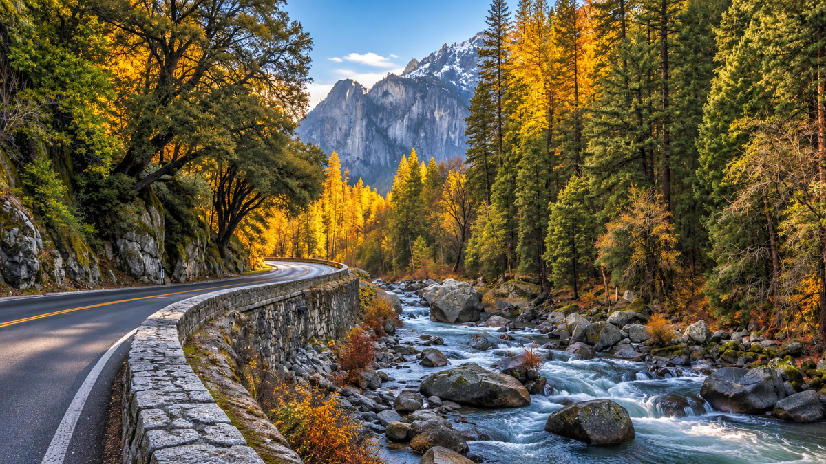 Winding mountain road beside a river and autumn trees