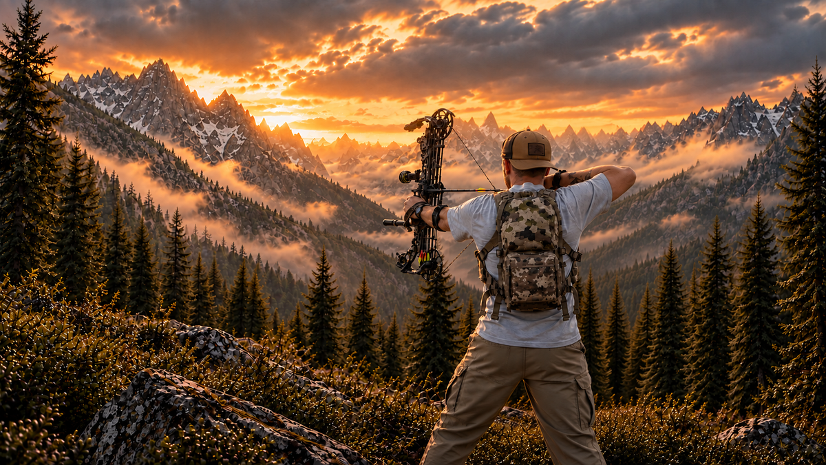 Bowhunter overlooking forested mountains at sunset