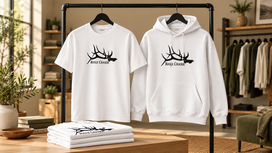Illustrative clothing display with Bugle Chaser antler-logo T-shirt and hoodie