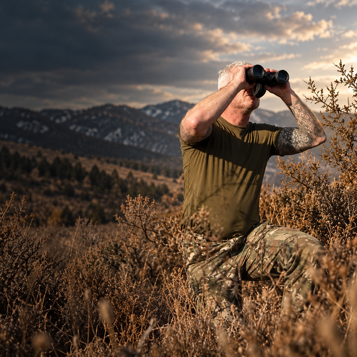 
Man using binoculars to scan a mountain meadow