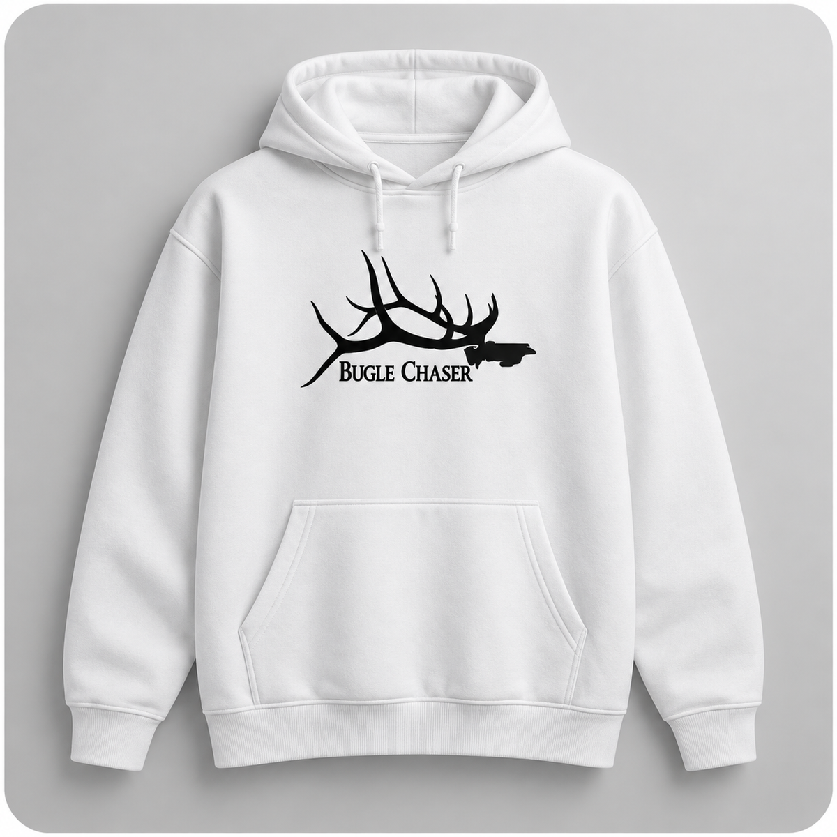 
White Bugle Chaser pullover hoodie with a black antler logo