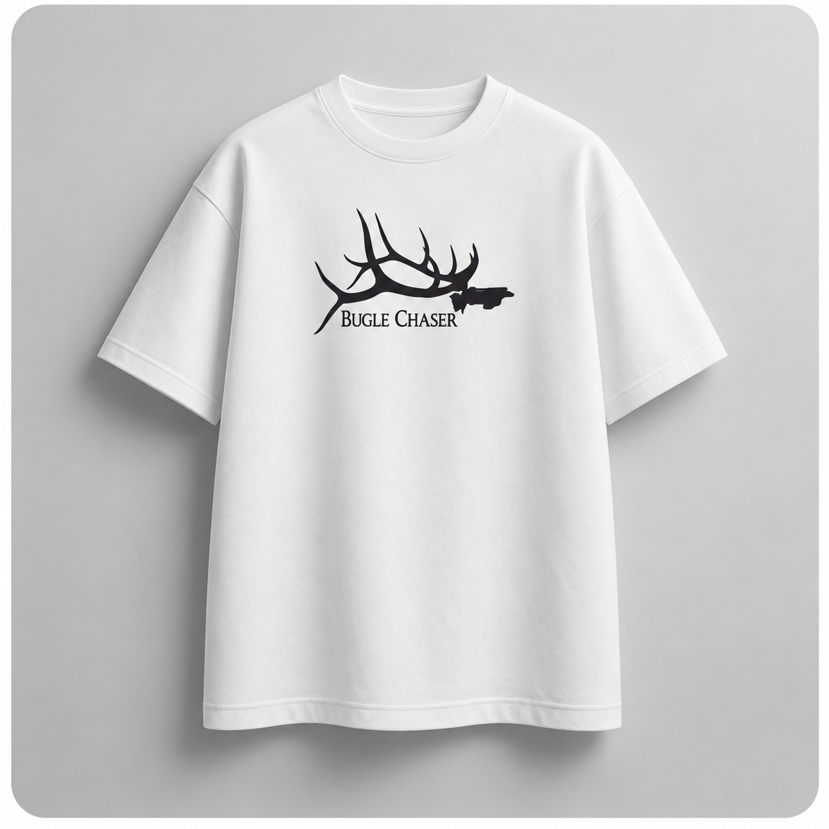 
White Bugle Chaser T-shirt with a black antler logo
