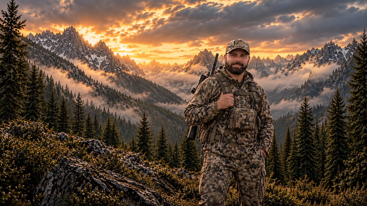 
Hunter in camouflage standing before forested mountains at sunset