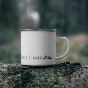 Bugle Chaser Enamel Camping Mug — Hunting Antler Outdoors Coffee Cup